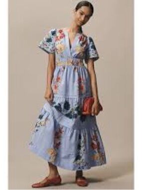 Anthropologie Sky Blue Floral Tiered Maxi Dress